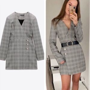 NWT Zara Blogger Favorite Black White Plaid Blazer Wrap Mini Dress Jewel Button
